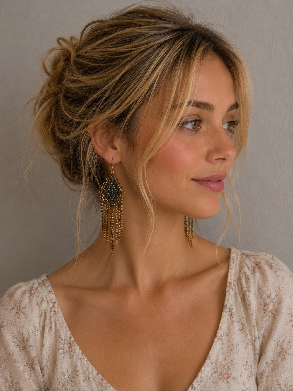 Gold-Tone Fringe Drop Earrings with Blue Beaded Diamond Motif - Picture 2 of 6